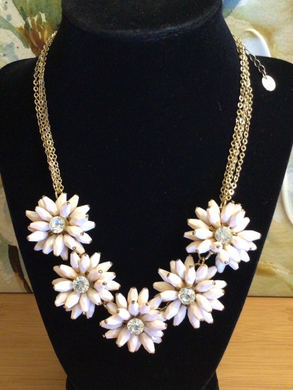 Vintage Talbots Acrylic Daisy Bib Necklace Gold-tone Multi-chain Rhinestones